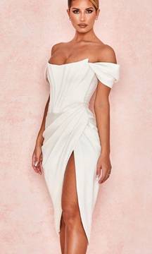 Satin Off The Shoulder Corset Side Slit Midi Formal Dress