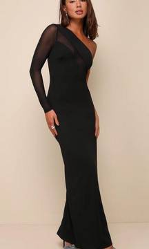Absolutely Iconic Black Mesh One-Shoulder Long Sleeve Maxi Dress