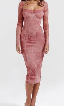 Corset Mesh Midi Dress, pink retro print, fitted long sleeves, lace up back