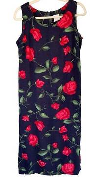 90s Vintage Blue Red Rose Dress Size 10 Medium Sleeveless
