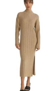 All : Row Tan Khaki The Marie Dress Ribbed Mock Neck Knit Midi Women's Small