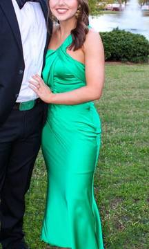 One Shoulder Green Satin Midi Dresss