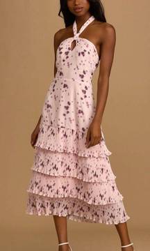 Fated for Love Pink Floral Print Pleated Halter Midi Dress