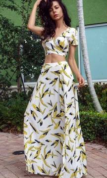 Aakaa White Palm Print Slit Side Flowy Maxi Skirt