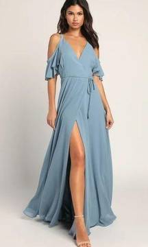 Lulu’s Easy Listening Slate Blue Cold-Shoulder Wrap Maxi Dress