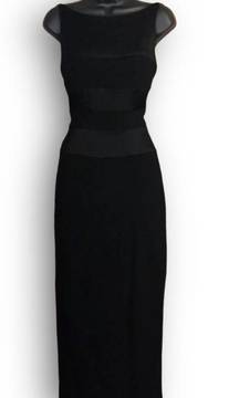 Vintage Classic Retro Rare Black Sleeveless Satin Knit Fitted Midi Length Dress Black Tie Prom Red Carpet Evening Gown