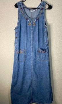 90s Vintage Jane Ashley Country Chic Cotton Denim Embroidered Jumper Dress