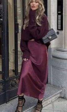 Zara Satin Maxi Skirt Sz S Burgendy Wine Red Slip Blogger Favorite High Waist