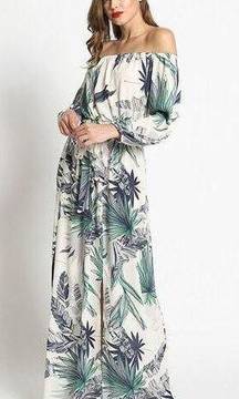 Boho Tropical Palm Print Off Shoulder Maxi Dress 3/4 Sleeve Tie Elastic Waist M