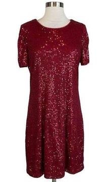 Women's Cocktail Dress Size 14 Red Sequined Short Sleeve Shift