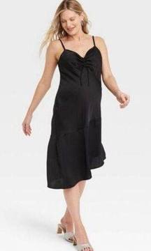 Ingrid + Isabel Maternity Slip Dress Satin Cinched V Neck Black Size L NWT