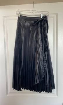 Pleated pleather midi skirt with tie waist