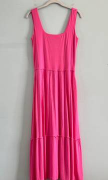 Pink Solid Knit Scoop Neck Tiered Ruffle Midi Dress