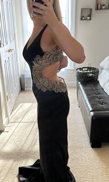 NWT S7916 Long Fitted Mermaid Beaded Black Gown Open Back