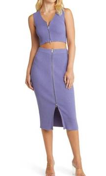 NEW Open Edit Zip Front Rib Crop Knit Top and Midi Skirt Matching Set Purple S