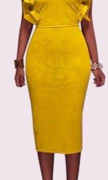 CQ by CQ Mustard Yellow Dramatic Ruffle Sleeve Midi Dress