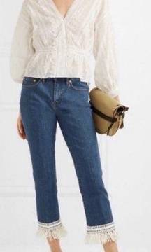 NWT Tory Burch Size 31 Connor Fringe-Bottom Cropped High Rise Jeans Boho Stretch