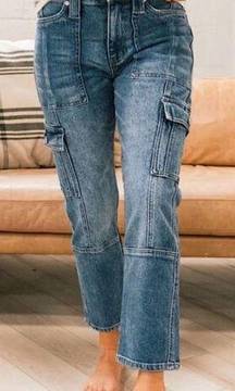 KanCan Avery Cargo Crop Utility Jeans Denim Acid Washed Blue Womens Size 13/30