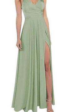 Bridesmaid Sage Green V-Neck Formal Satin Spaghetti Strap Dress with Slit