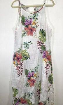 Lungo Larno White Floral Linen Tropical Sleveless Made in Italy Midi Dress Sz S