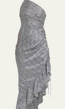 NWOT Cinq à Sept Christel One Shoulder 100% Silk Dress Black White Ruched sz 4