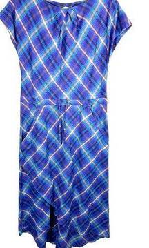 Patagonia Size 6 Dress Blue Purple Plaid Midi Long Short Sleeve Shift 1135