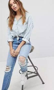 Rollas Miller Skinny Mid Rise Light Wash Ripped Knee Distressed Fitted Jeans