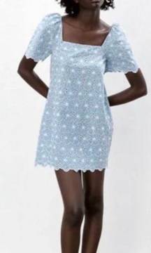 Light Blue and White Floral Eyelet Shift Mini Dress