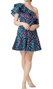 Josie Natori Ruffle One Shoulder Women 2 Retro Y2K Paisley Colorful Mini Dress