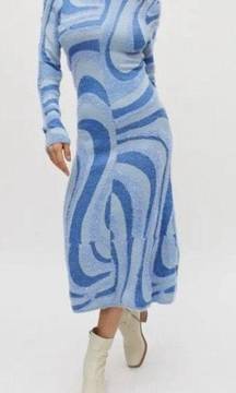 House of Sunny Blue Moon Midi Dress Wave Print Cutout Long Sleeve Sweater 4