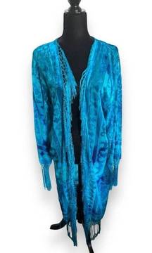 Paris Montana Vintage Salvage Duster Turquoise Blue Burnout Velvet Fringe Silk