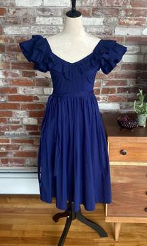 Navy Blue Ruffled Shoulders Midi Dress with Pockets Size XS