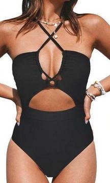 NWT  One Piece Swimsuit Plunge Neckline Cutout Criss Cross black size L