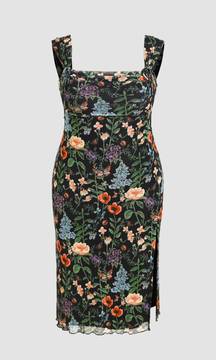 MESH SQUARE NECK FLORAL BOWKNOT SPLIT MIDI DRESS CURVE & PLUS