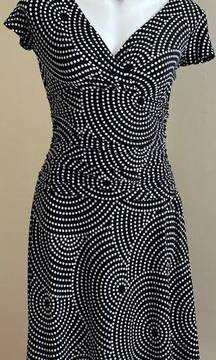 London Times Black & White Polkadots Midi Short Sleeves Empire Dress Waist SZ 8