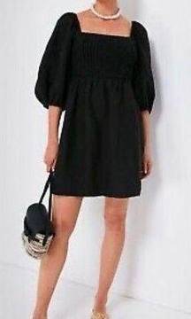 Tuckernuck Womens Black Linen Annie Smocked Puff Sleeve Mini Dress Size XS