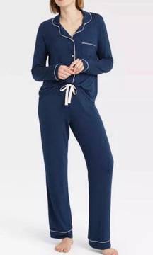 Women's Soft Long Sleeve Top and Long pants Pajama Set Navy blue L