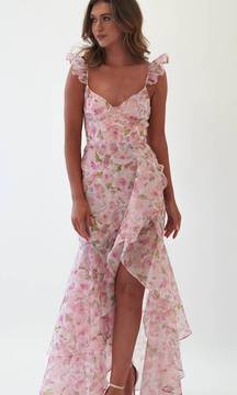 Floral Print Cami Asymmetrical Ruffled Slit Maxi Dresses-Pink