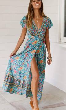 Retro Floral Wrap Maxi Dress