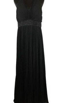 Carmen Marc Valvo Plisse Jumpsuit 14 Black Beaded Belt Wide Pleated Leg V Neck