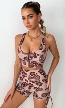 Brown Ruched Floral Set 