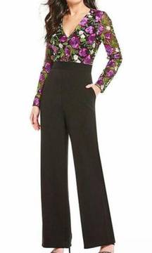 Belle Badgley Mischka black pink floral Halleee Jumpsuit size 10 NEW $219