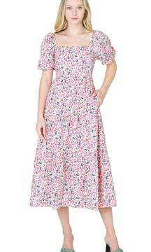 Priscila Poplin Puff Sleeve Square Neck Tiered Floral Midi Dress