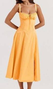 Carmen Bustier Sleeveless Corset Back Midi Sundress in Tangerine S