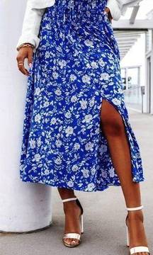 Floral Long Skirt Blue High-Waist Waisted Smocked Buttons Slit Midi Maxi XS