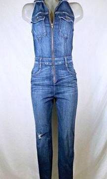 Blue Stretch Denim Zip Tapered Sleeveless Jumpsuit~4~