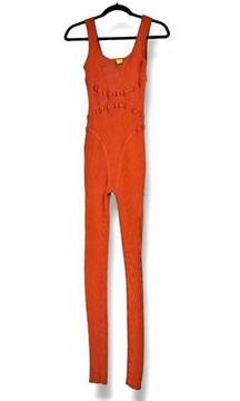 Daisy Orange Ribbed Stretchy Fitted Jumpsuit Bodysuit Catsuit Tank Scoop Neck M