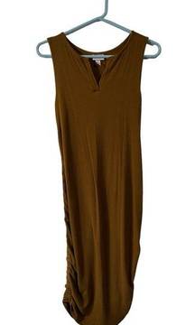 Isabel Maternity Ribbed Ruched Fitted Midi Dress Size Medium Mustard