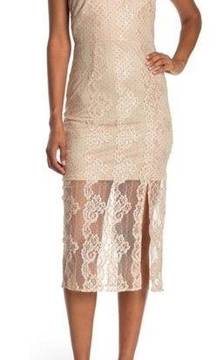 NSR Evie Lace Cross Bodice Midi Dress Sand L