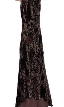 Kay Unger NY Vintage 90s Bateau Neck Brown Floral Print Maxi Fishtail Gown Sz 4